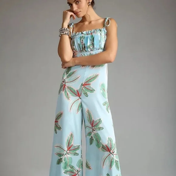 NWT Anthropologie Hutch Ruched Blue Floral Jumpsuit 10 - Picture 2 of 8